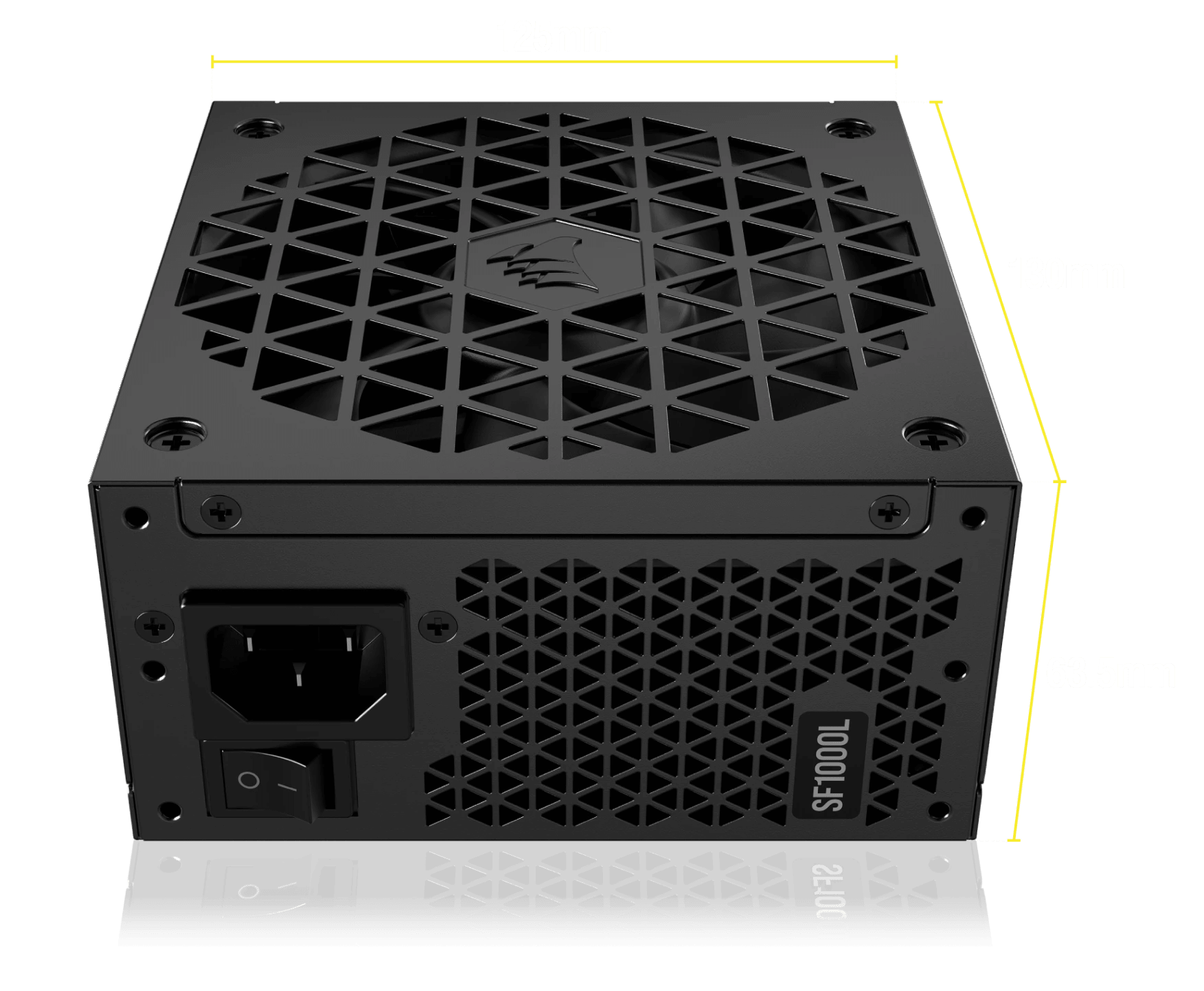 Angled view of SF-L power supply with dimensions shown.