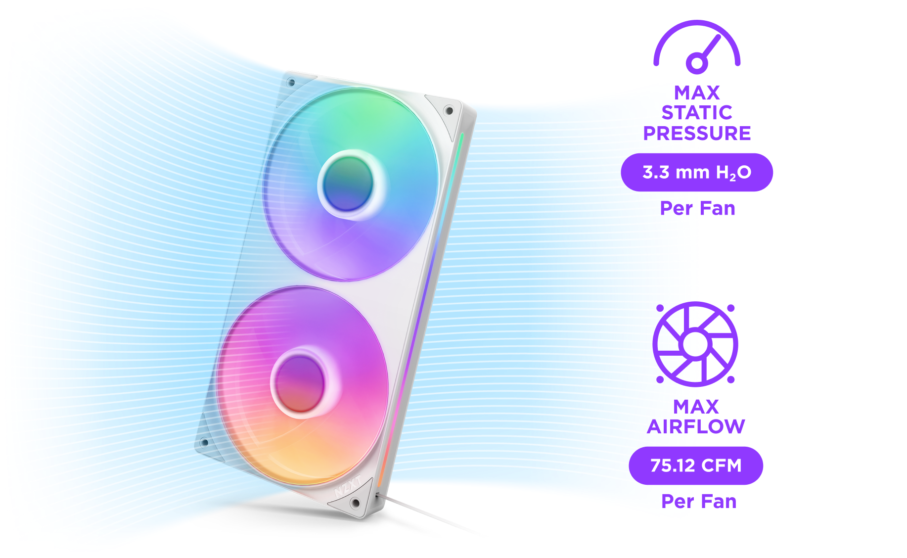 F240 RGB Core - Max Static Pressure: 3.3 mm H20 per fan. Max Airflow 75.12 CFM per fan