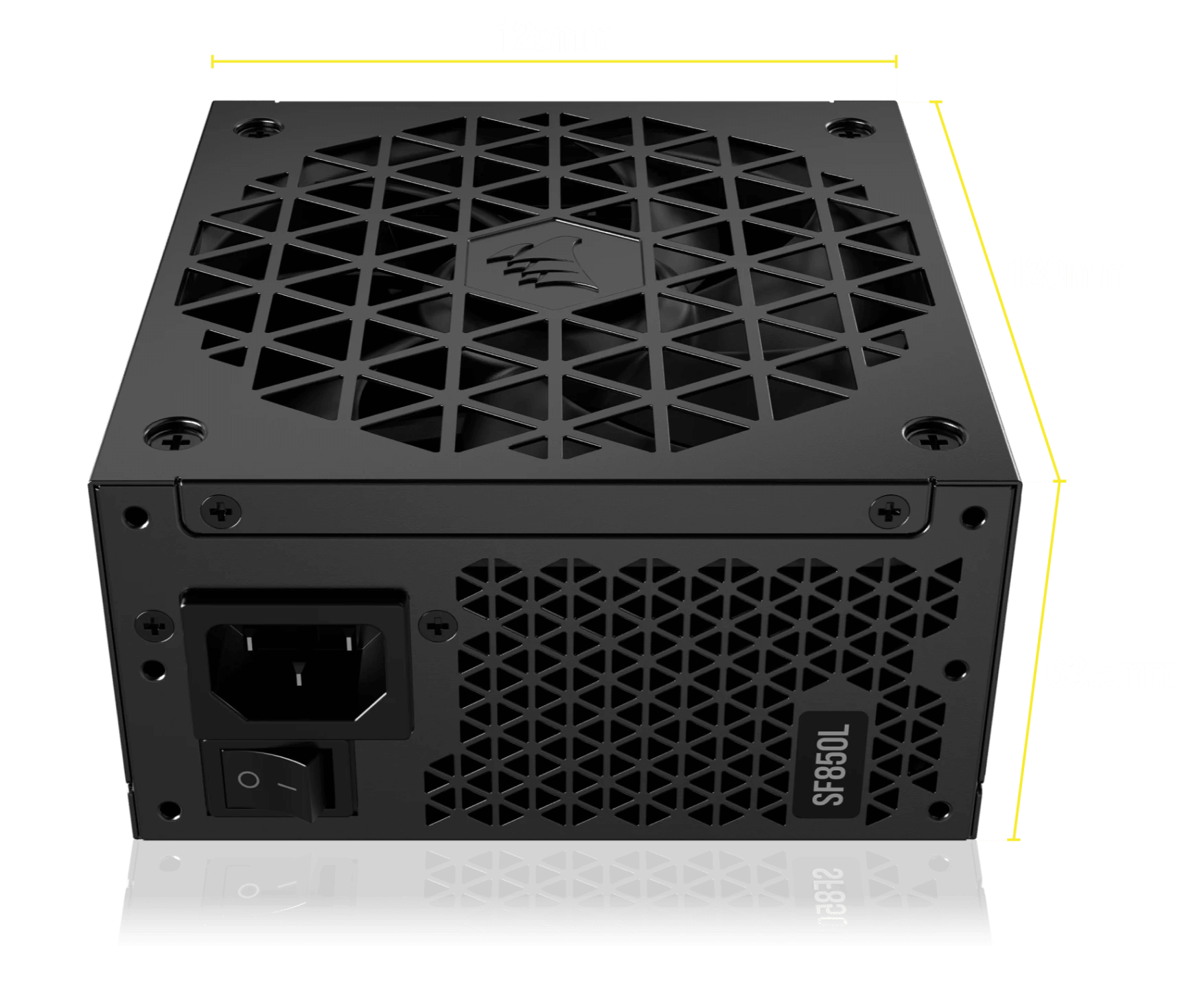 Angled view of SF-L power supply with dimensions shown.