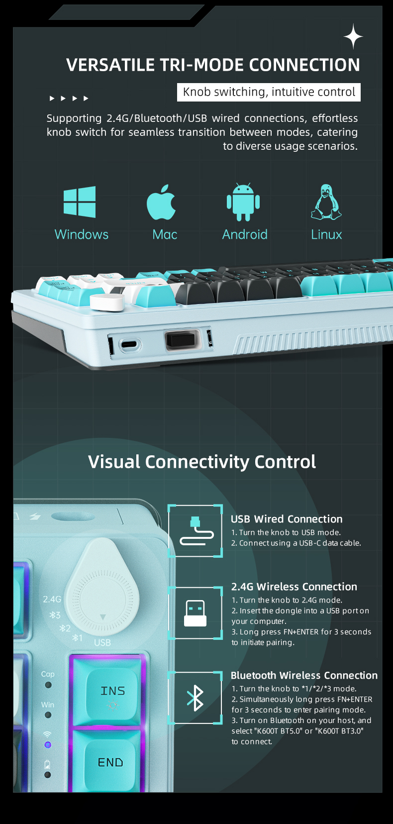 Bàn Phím Cơ Gaming Machenike K600T-B8 WIRELESS Grey Blue