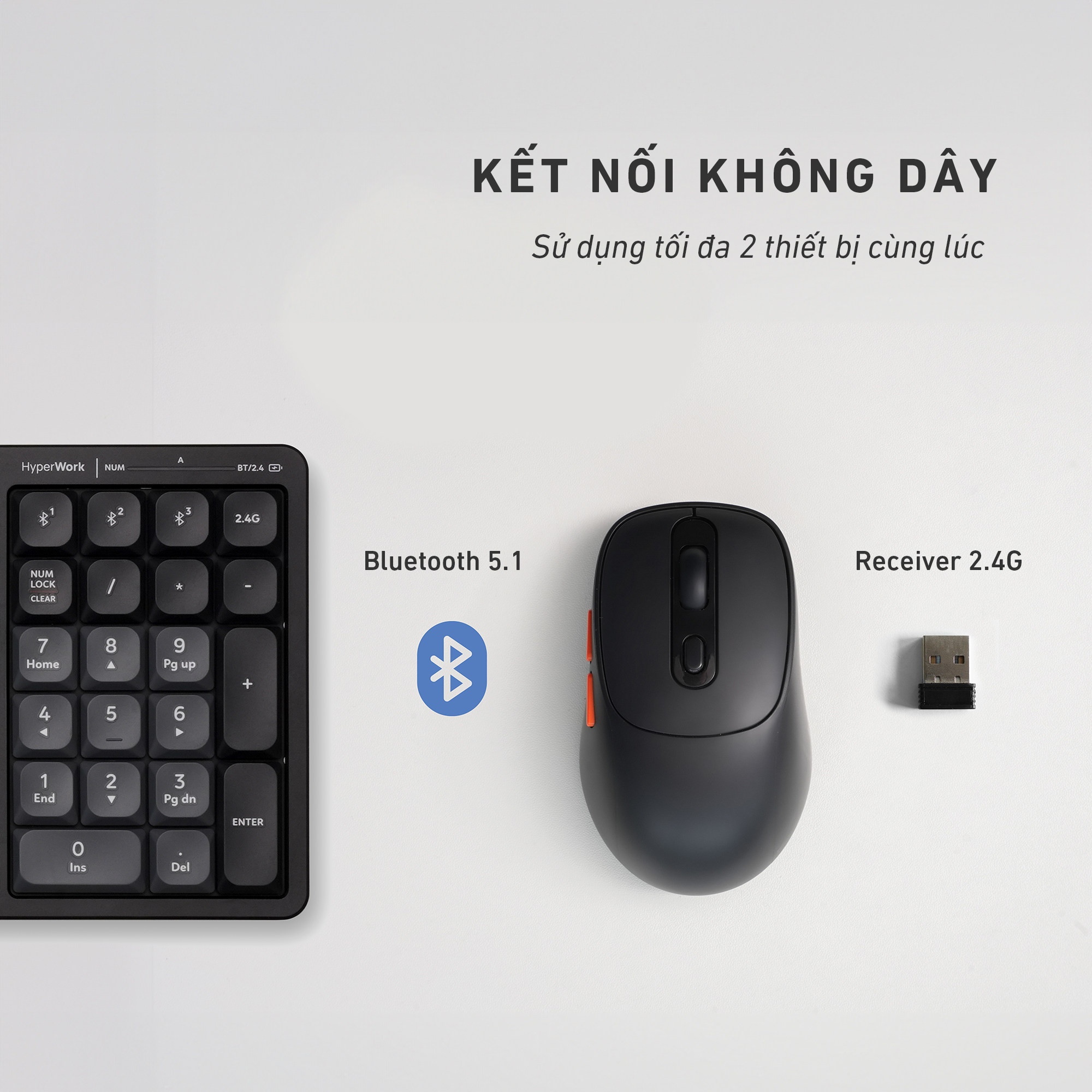 Chuột Văn Phòng Không Dây Hyperwork MS01 Mini Silentium (Bluetooth / Wireless 2.4Ghz / TypeC)