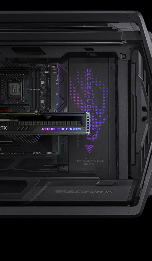 Trong quá trình lắp ráp máy tính với ROG Hyperion GR701, tập trung vào bảng đèn chiếu sáng với chủ đề ROG